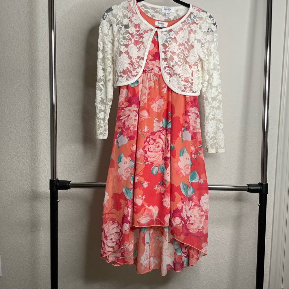 SPEECHLESS Floral Coral Kids Dress with Lace Bolero